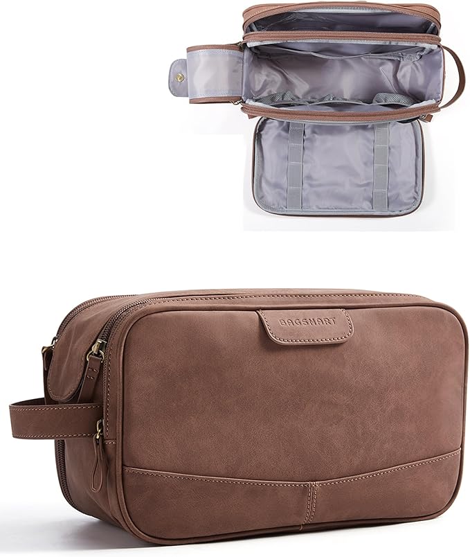 BAGSMART LargeToiletry Bag for Men, Soft Matte PU Leather Travel Bag for Toiletries, Dopp Kit Water Resistant Shaving Bag for Bathroom Shower-Light Brown