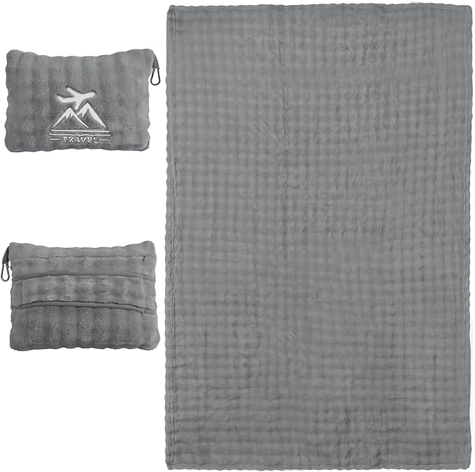 Travel Blanket and Pillow-2-in-1, Ultra-Soft&Compact,Airplane Blanket with Hand Luggage Belt and Backpack Clip,Travelers Accessories Gifts, 61x43 Inches（Gray）