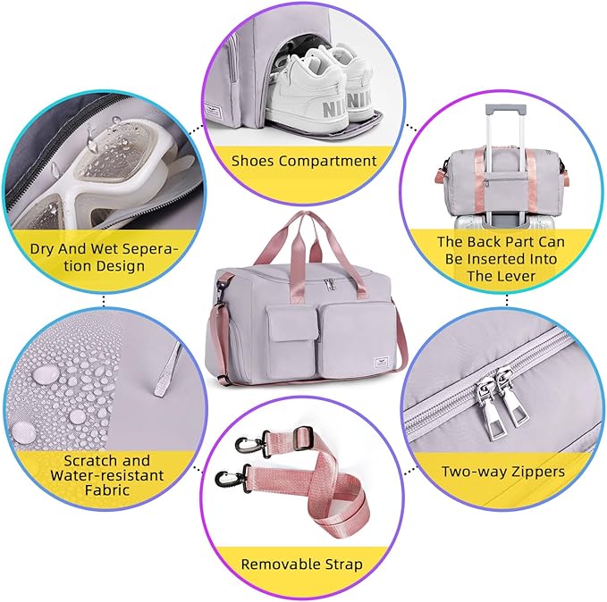 FIORETTO Women's Gym Duffle Bag with Shoes Compartment, 30L Capacity, Ideal for Travel, Gym, Sports, Duffel, Weekender