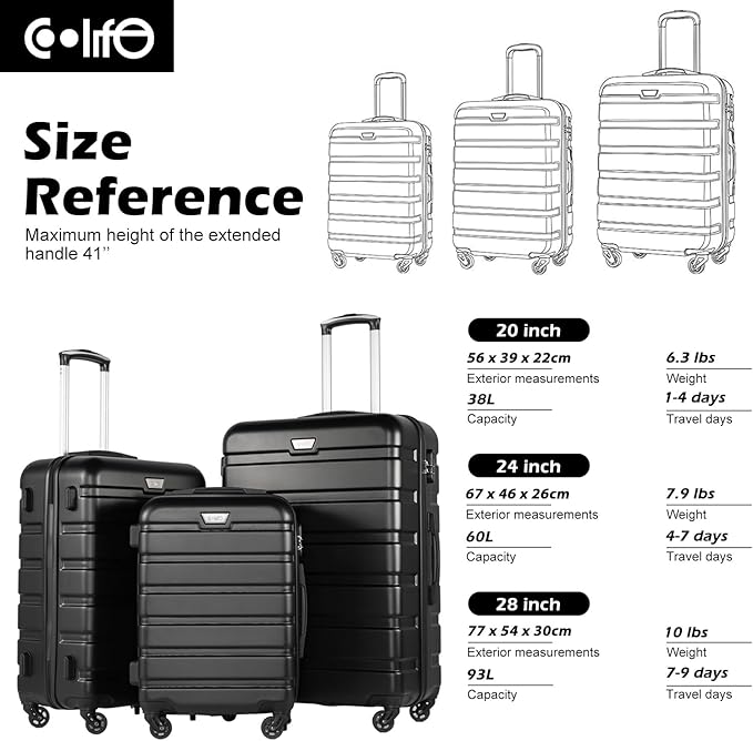 Coolife Luggage 3 Piece Set, Lightweight Durable Hardshell Suitcase set with 360° Spinner Wheels, TSA-approved Lock, Checked Family Travel Luggage sets, 20/24/28 Inch, Black