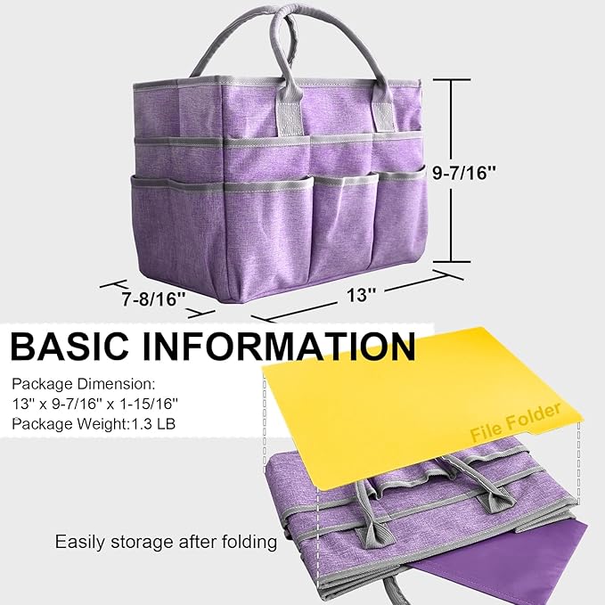 Cupohus Art Organizer Craft Storage Tote Bag with Pockets and Handles, Oxford Fabric Carrying Caddy for Teacher, Officer, Artist, Traveler –Purple