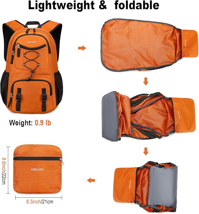 Nerlion Lightweight Foldable 35L Hiking Backpack Travel Backpack for Men Women Camping Waterproof Outdoor Hiking Daypack Backpack Orange