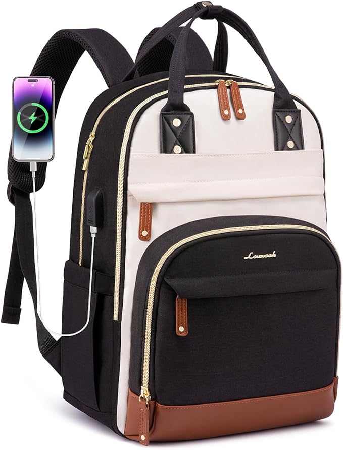 LOVEVOOK Backpack for Women,Laptop Backpack Women,Fit 15.6 Inch Laptop Bag,School Backpack,Fashion Travel Work Anti-theft Bag,Waterproof Business Computer College Backpack Purse,Beige-Black-Brown(usb)
