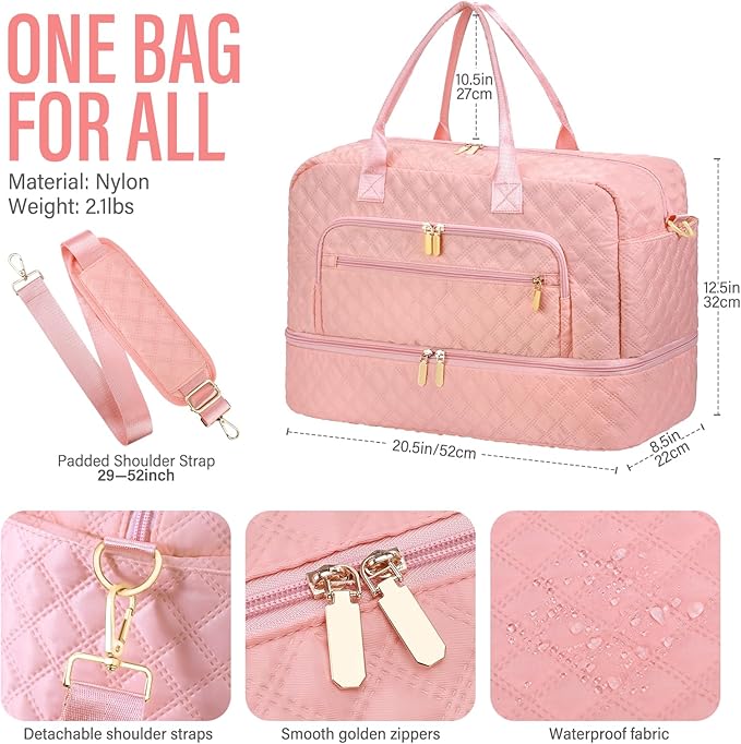 Large Travel Duffle Bag for Women,Carry on Overnight Bag Weekender Bags with Toiletry Bag Travel Bags for Women with Shoe Compartment for Gym Business Trips Sport Hospital(Pink)
