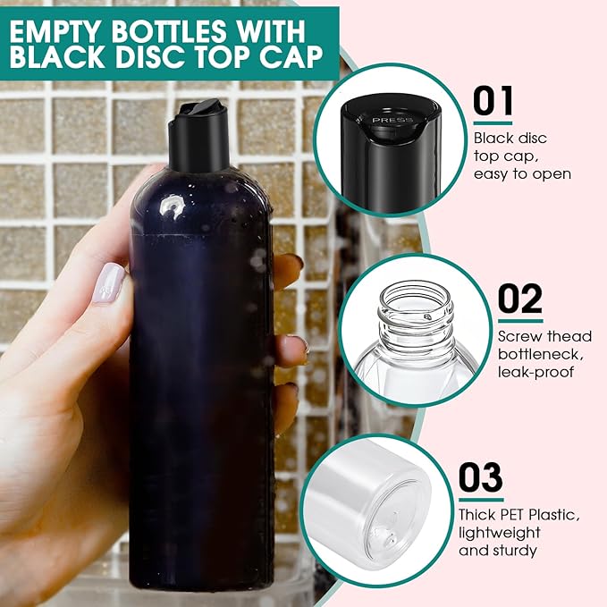 3Pcs 16 oz Clear Plastic Refillable Travel Shampoo and Conditioner Bottles with Black Disc Top Caps，Squeeze Empty Bottles Cosmetic Containers for Lotions, Body Soap Cream
