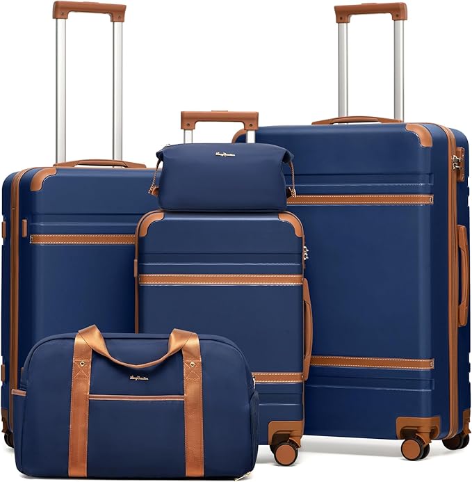 LONG VACATION Luggage Sets 5 Piece, Suitcases With Wheels, PC+ABS Hardshell Luggage Set with Spinner Wheels, TSA Lock (Navy Brown)