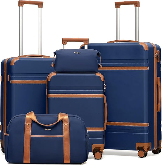LONG VACATION Luggage Sets 5 Piece, Suitcases With Wheels, PC+ABS Hardshell Luggage Set with Spinner Wheels, TSA Lock (Navy Brown)