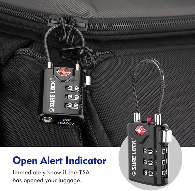 SURE LOCK TSA Approved Combination Luggage Locks with Open Alert Indicator – Durable Zinc Alloy Cable Travel Locks with Large Easy-Read Dials for Suitcases, Backpacks & Gym Bags（ Four Colour）