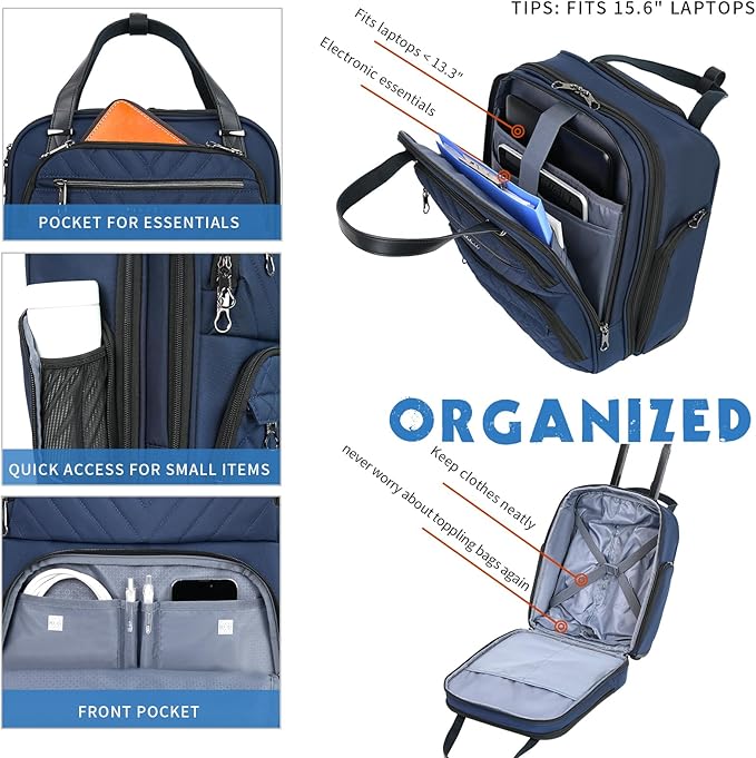 KROSER Carry On Underseat Multi-functional, 16-inch Underseater Lightweight Overnight Suitcase for Women, Navy