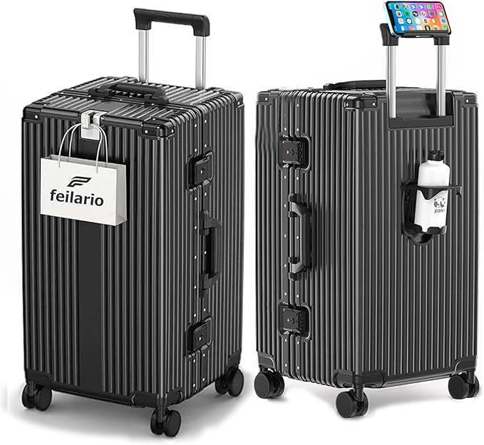 feilario 26in Super Large Captain Aluminum Frame Hardside Spinner Wheels Luggage, Zipperless Checked Suitcase with Cup Holder/Phone Holder (Jet Black,26in)
