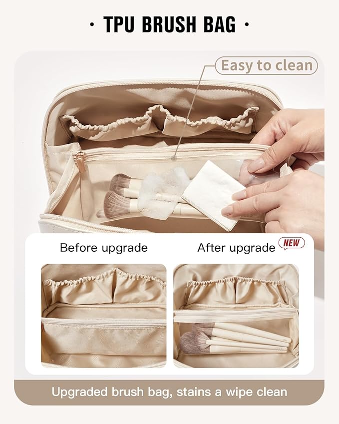 EACHY Travel Makeup Bag, Large Capacity Cosmetic Bag for Women, Waterproof PU Leather, Flat Open Portable Toiletry Bag for Skincare, Brushes & Travel Essentials