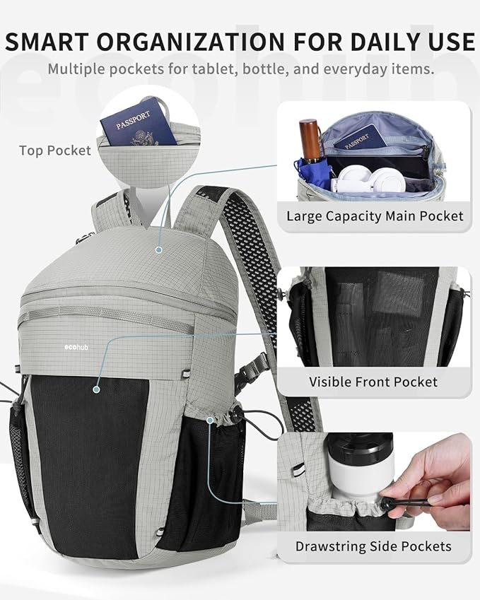 ECOHUB 15L Lightweight Casual Daypack, Packable Backpack for Daily Use, Hiking & Travel, Foldable Small Backpack with Stretch Mesh Pockets, Water-Resistant Nylon, Reflective Design