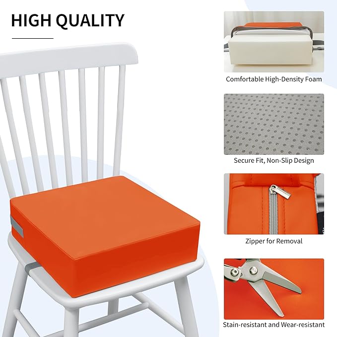 Toddler Booster Seat Dining Table Kitchen Chair, Waterproof Anti-Scratch PU Cushion, Non-Slip Bottom, Adjustable Buckle Straps, Easy Clean Portable Seat Cushion (Tangerine)