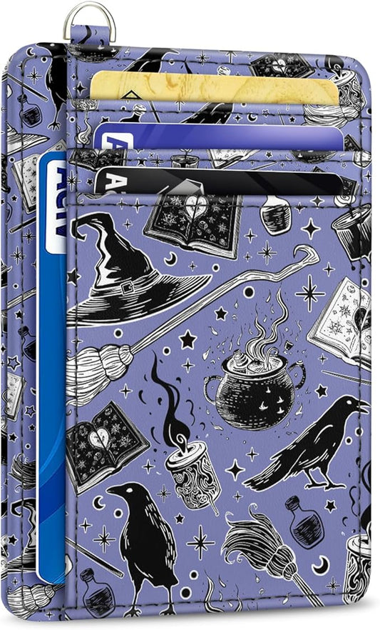 Yonlevres Credit Card Holder Slim Wallet, Magic Goth RFID Wallet Women Front Pocket Small Card Holder Travel Cute Funny Thin Card Case ID Window PU Leather RFID Blocking Card Organizer Gifts Girls