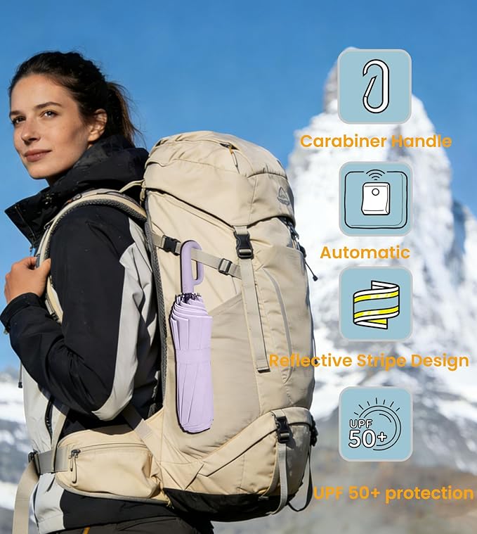 SIEPASA Travel Umbrella with Carabiner Handle - Windproof 10 Ribs Auto Open/Close for Rain & Sun Protection, Compact Portable Clip-on Backpack Design with Safety Reflective Strip.