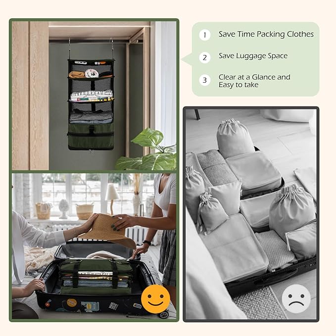 Surblue Hanging Closet Storage Bag Collapsible 3-Shelf Washable Oxford Fabric with 2 Hooks (L 11.41 * 11.41 * 19.68in, Dark Green)