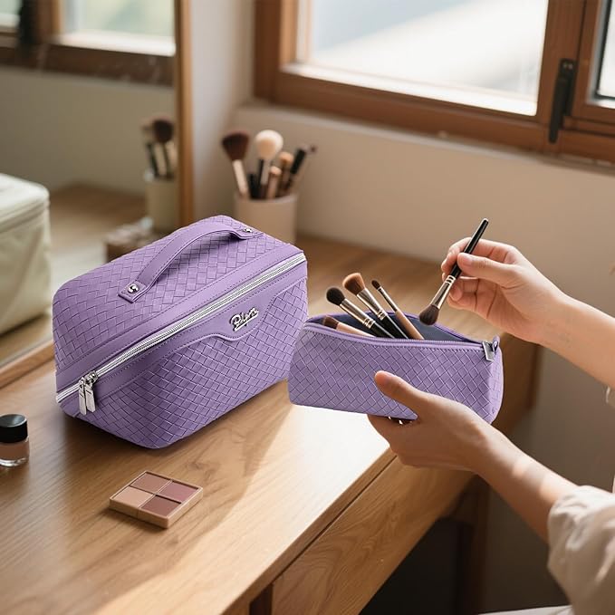 BOYATU Travel Makeup Bag Cosmetic Bags for Women: Large Capacity 3 Pcs Set Make up Bag with Compartments - Waterproof Vegan Leather Toiletry Organizer Bags with Handle (L01 Purple)
