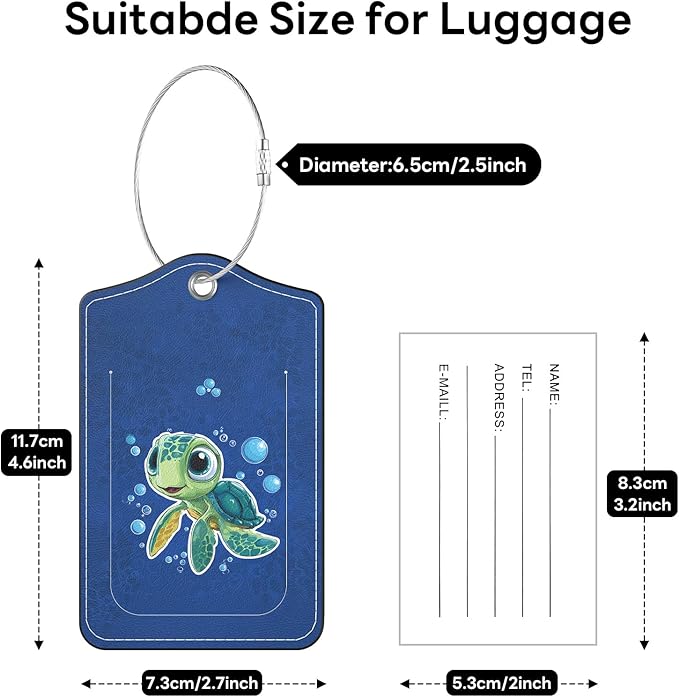 2 Pack PU Leather Luggage Tags for Suitcases, Privacy Protection Cover with Stainless Steel Loop and Address Card, Travel Cruise Essentials (Sea Turtle)
