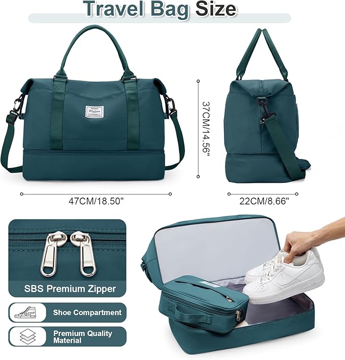 Weekender Bags for Women, Travel Duffel Bags with Shoe Compartment & Wet Pocket,Personal Item Travel Bag for Airlines,Carry on Overnight Tote Bag for women,3Pcs Set，Peacock Blue