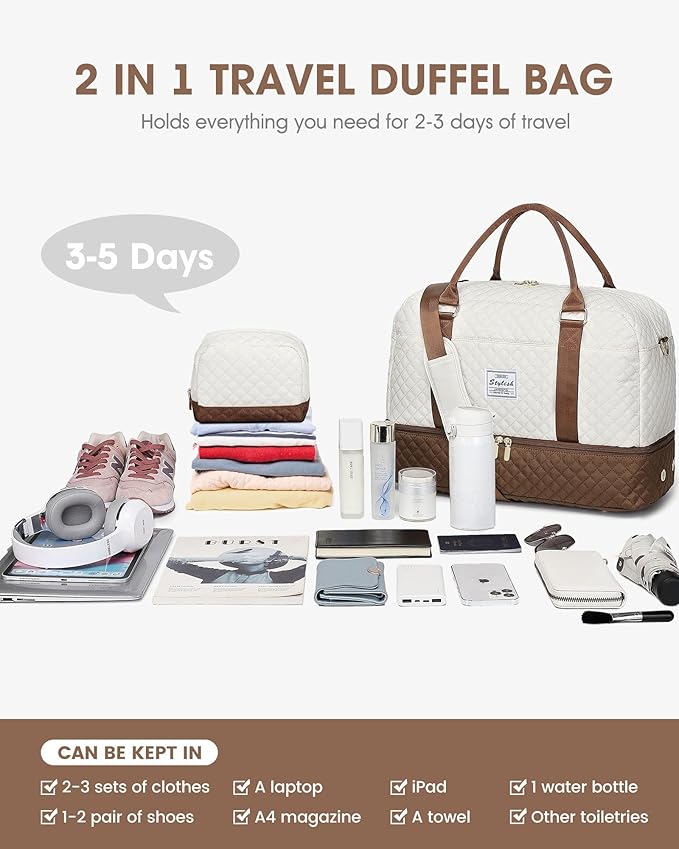 Weekender Bags for Women Travel Bag - Duffle Bag with Shoe Compartment Carry on Overnight Bag for Women Hospital Bags for Labor and Delivery 2Pcs Set Beige Brown