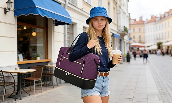 Duffle Bag for Women Travel, Weekender Bag Overnight Bag with Shoe Compartment, Carry on Bag with Crossbody Purse for Over Night, Weekend, Yoga, Gym, Business Trips, Hospital, Purple Black