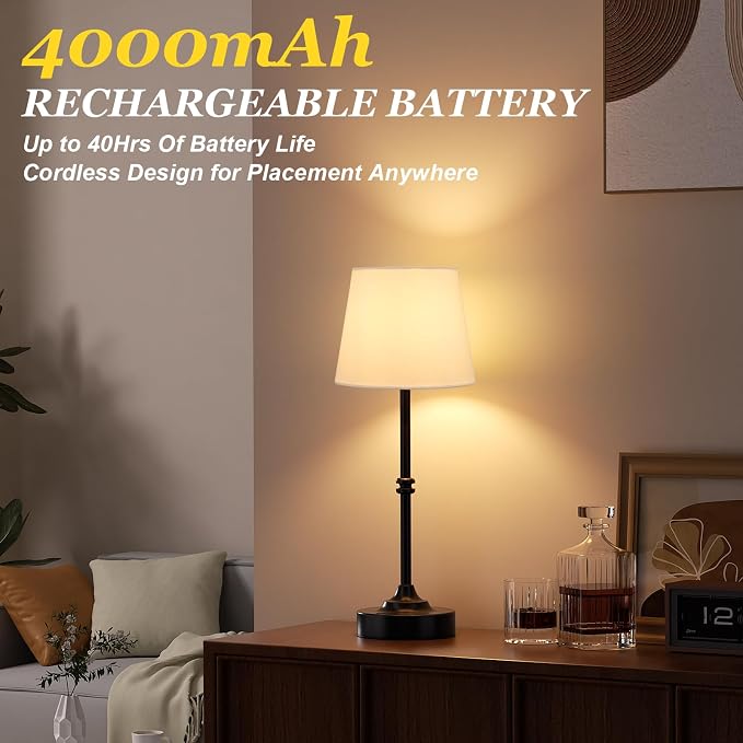 Kakanuo Rechargeable Cordless Table Lamp Black - 1 Pack 4000mAh Battery Operated Lamp, 3000K Warm Light, Touch Control Stepless Dimming, for Bedside, Dining Table, Home Decor
