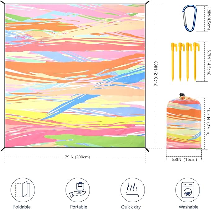 HIHOHO Beach Blanket Waterproof Sandproof Beach Mat for 1-8 Adults Quick Drying Durable Outdoor Picnic Mat for Beach Festival Travel Camping Hiking (Colorful Stick, 79"×83"(4 Person))