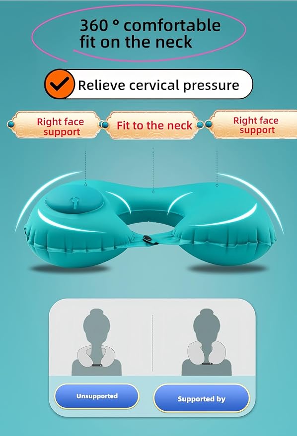 18-30s Quick Inflate /Deflate Neck Pillow for Travel - Adjustable Cervical Support with Dual Buckles, Breathable Milk Silk, Compact Portable Design Breathable Milk Silk ,Turquoise,15.7x11 inches