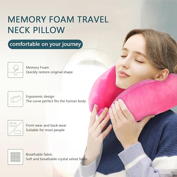 Neck Pillow Adjustable Memory Foam Travel Pillow Soft U Shaped Headrest Neck Support Pillows for Airplanes Sleeping Office Trains Cars Camping Use Rose Red