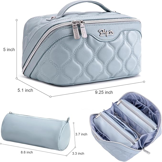 BOYATU Travel Makeup Bags for Women Cosmetic Bag: Puffy Make up Bags Set of 3 - Vegan Leather Makeup Organizer - Waterproof Large Toiletry Bag with Compartments - Travel Essentials (H-4-Blue)