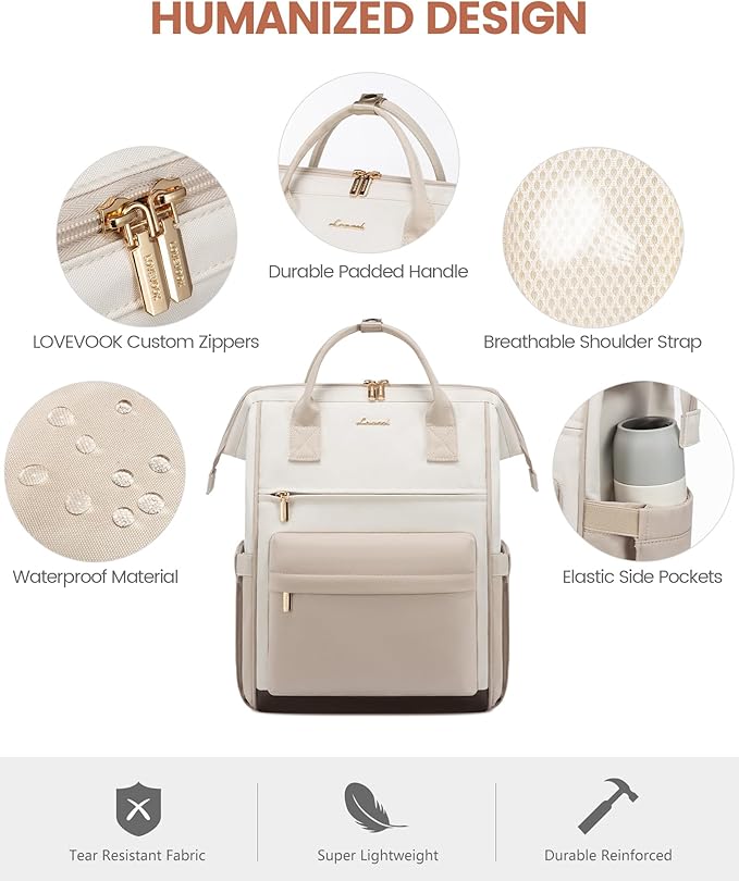 LOVEOVOOK 15.6 Inch Laptop Backpack for Women, Large Capacity Travel Backpack with USB Charging Port, Waterproof Work Backpack for Business, College, Nursing & Airline Travel,Nude White