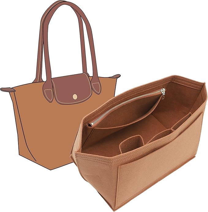 Fit Longchamp Organizer Insert, for Long Champ Le Pliage L Bag Handbag Women, with Cup Holder, Large/Gold Brown