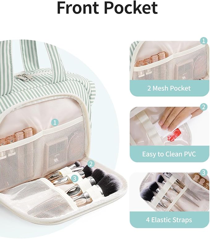 Narwey Travel Toiletry Bag for Women, Wide Open Large Makeup Bag, Cosmetic Bag Make Up Organizer with Handle, Wet Pocket for Towel, Travel Bag for Toiletries, Brushes, Essentials (Mint Green Stripe)