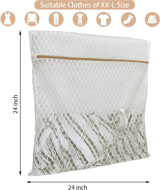 2 Pack Laundry Bag, Durable Big Honeycomb Mesh Laundry Bags Suitable for Delicate Clothes Washing 24 x 24 Inches (2 XX-Large)