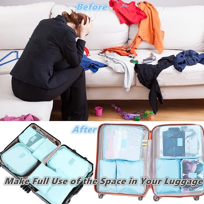 6 PCS Travel Luggage Organizer Bags, Packing Cubes Compression, Travel Storage Bags Organizers, Travel Cubes Laundry Pouches for Backpack Suitcases Clothes Underwear (Light Blue)