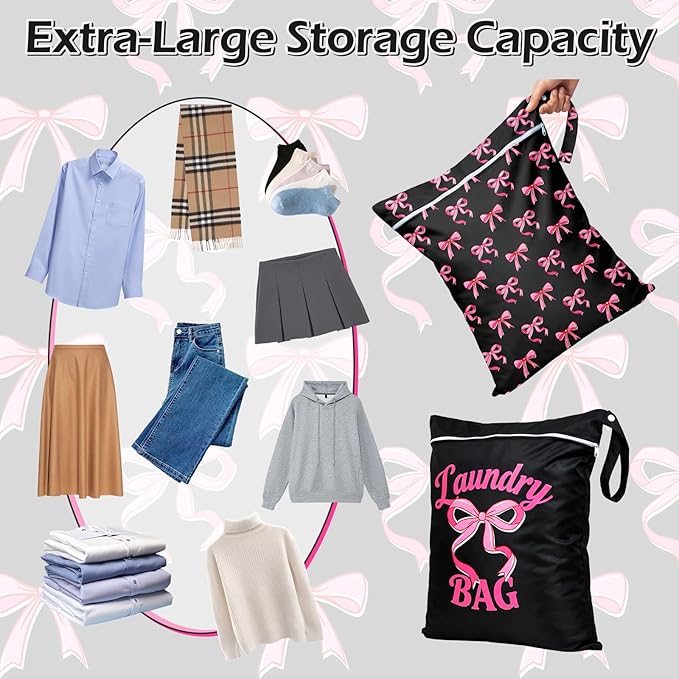 2 Pcs Large Travel Laundry Bags Waterproof Wet Dry Bag, Washable Dirty Clothes Bags for Travel，Drawstring, Bathing Suit, Workout, Gym Clothes Laundry, Swimming Pool & College Dorm, Black Bow