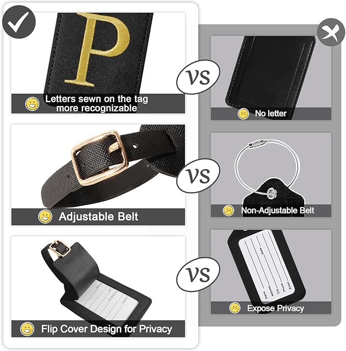 Initial Letter Luggage Tags for Suitcases, Personalized Embroidered Letter Luggage Bag Suitcase Identifier Name Tag, Cute PU Leather Travel Luggage Tags, Bag Tags for Luggage Handbags(Black P)
