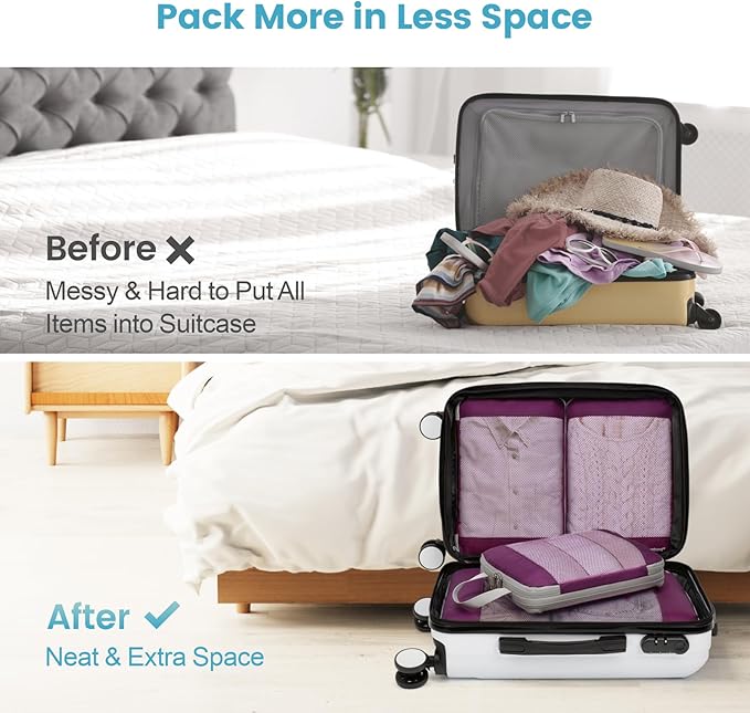 Cambond See Through Mesh Compression Packing Cubes - 4 Piece Expandable Space Saving Packing Cubes for Travel, Lightweight Travel Bags Luggage Packing Organizer Essentials for Suitcases, Purple