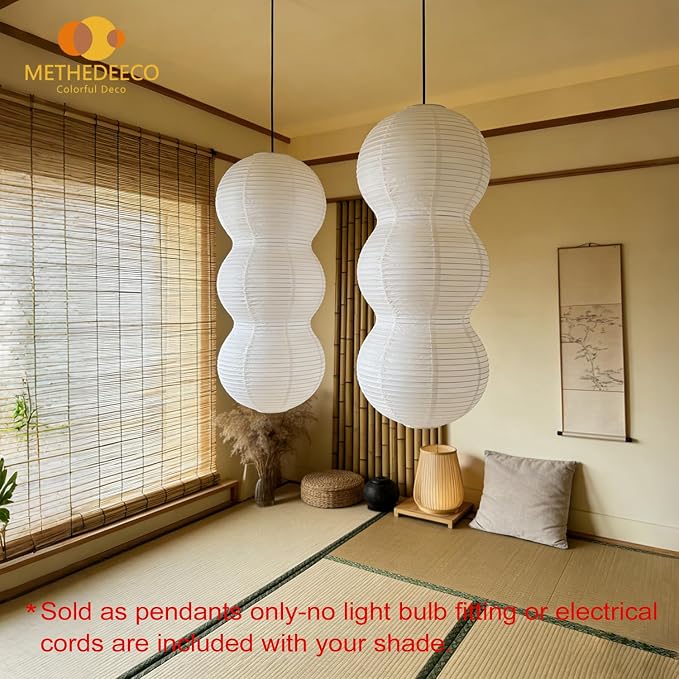 2 Pack Paper Hanging Lamp Shades, 27 Inch White | Foldable Pendant Lamp Shades, 3 Tier Handmade Rice Paper Lantern, For Japandi Boho Minimalist