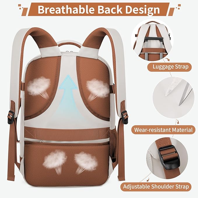 ZOMFELT Travel Backpack for Women Men, Carry On Backpack, TSA 15.6inch Laptop Backpack Flight Approved, Personal Item Travel Bag Nurse Bag Casual Daypack for Weekender Business Trip, Khaki White
