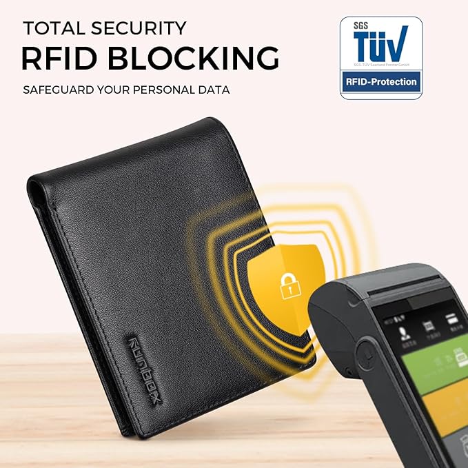 RUNBOX Leather Wallet for Men, Genuine Leather Mens Wallet Bifold Rfid Blocking with 12 Cards and 2 ID Windows, Minimalist Wallet for Men with Gift Box