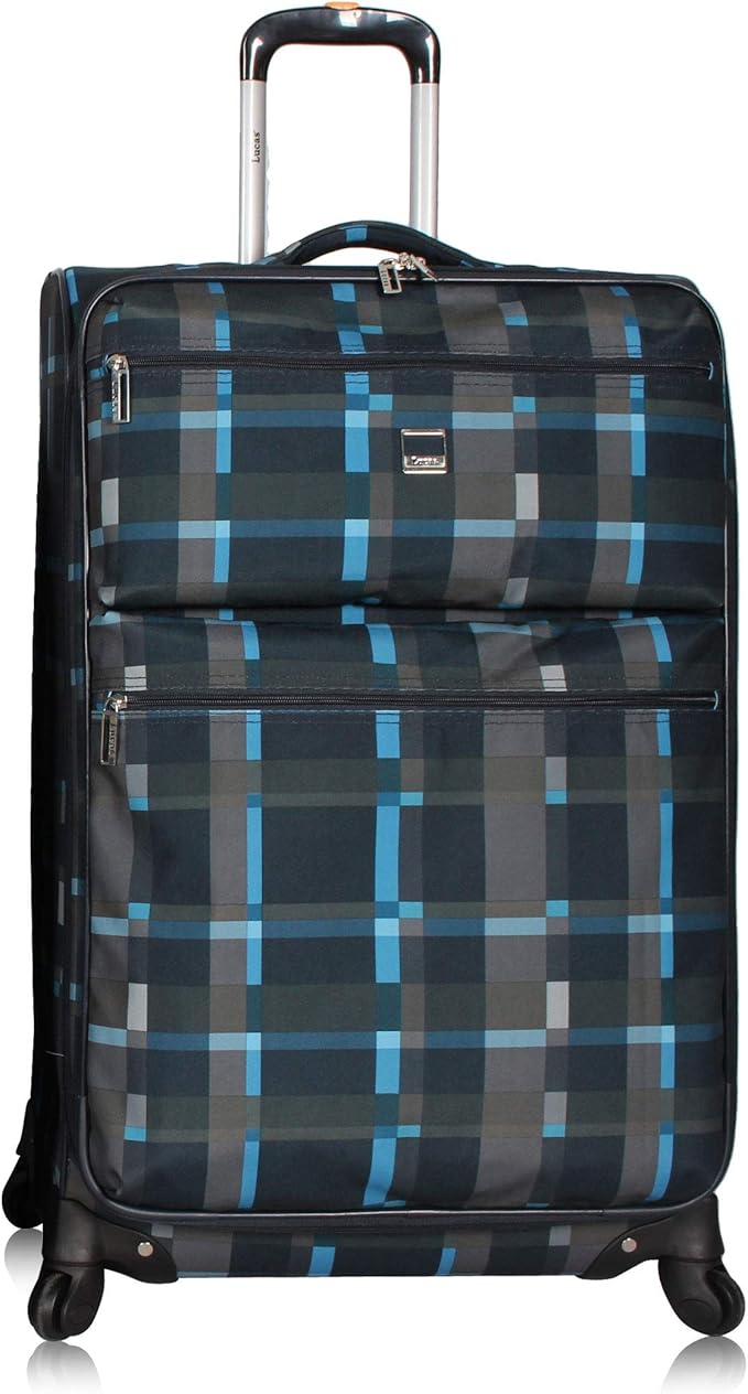 LUCAS Designer Luggage Collection - Expandable 28 Inch Softside Bag - Durable Large Ultra Lightweight Checked Suitcase with 4-Rolling Spinner Wheels (Old School Navy)