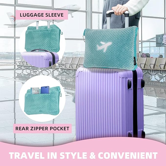 3 in 1 Travel Blanket Pillow Set - 350 GSM Thick Travel Blanket Airplane Compact with Bag, Soft Bag with a Pocket, Inflatable Travel Pillow for Camping & Car Trip(Mint Green)