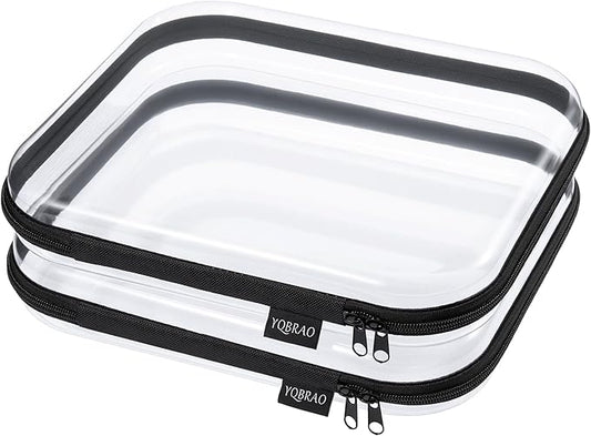 YQBRAO Hard Sided Clear Zipper Case for Storage- Professional-Grade Plastic Clear Zipper Pencil Case,Toy Storage Bins, Toiletry Pouch, Travel Organizer, Cosmetic Bag（Black,2 Pack, L）