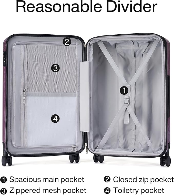 Hanke Expandable Hardshell Luggage Sets 3 piece Carry On Luggage with Wheels Suitcases Lightweight Checked Tsa Luggage Rolling Large Suitcase Travel Luggage Bag Woman Men 20/24/29 Inch(Purple)