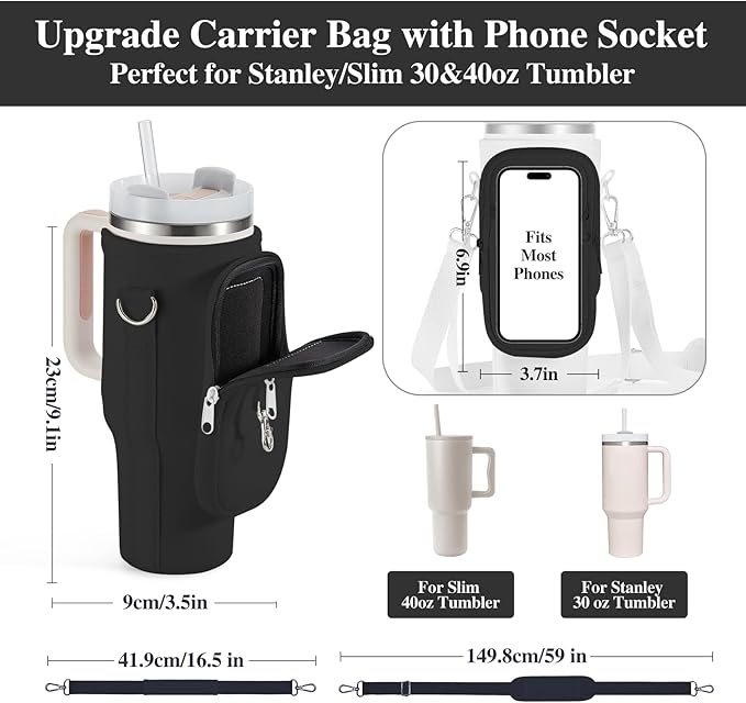 linmaya Water Bottle Carrier Bag for Stanley Cup 40/30oz with Phone Holder Pockets,Neoprene Water Bottle Cross-body Bag with Adjustable Shoulder & Hand Strap Stanley Cup Accessories