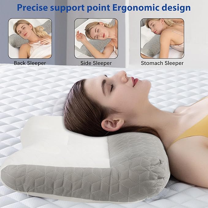 Ergonomic Pillow,Neck Pillow Cervical Pillow for Neck Strain Relief, Neck Pillow for Sleeping,Cervical Contour Neck Support Pillows for Side Back Stomach Sleeper (Grey)