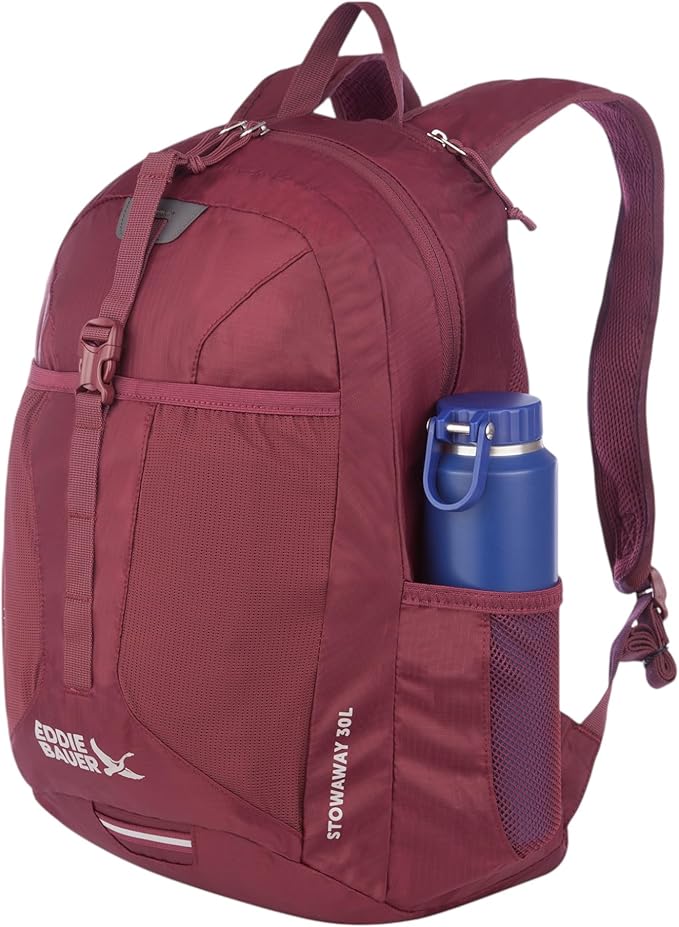 Eddie Bauer Stowaway Packable Backpack | Travel | Outdoor | Lightweight | Foldable | Durable | Ripstop Polyester | 30L - Black Cherry