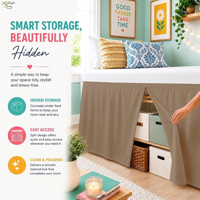 Cottington Lane Tailored Box Pleated College Dorm Bed Skirt Twin XL, Hotel Quality Premium Brushed Microfiber Extra Long Bedskirt Twin XL 30 Inch Drop, Taupe Dorm Bedding