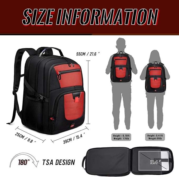 Extra Large Laptop Backpack with LifetimeWarranty,Gaming Laptop Travel Bag Fits 18.4-19" Laptops,TSA Friendly Travel Rucksack for Men Women, Big TSA Airline Approved Work Computer Bag, Red